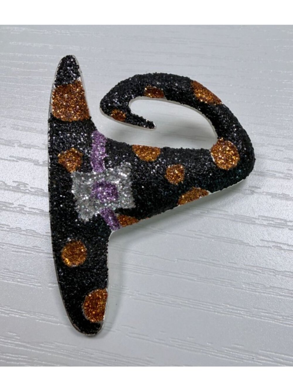 Halloween Glitter Witch Hat Brooch Pin Black Sparkly Orange Polka Dot Party - Picture 6 of 8